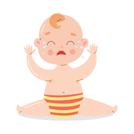 Cute baby in striped underpants sitting and crying.のイラスト素材