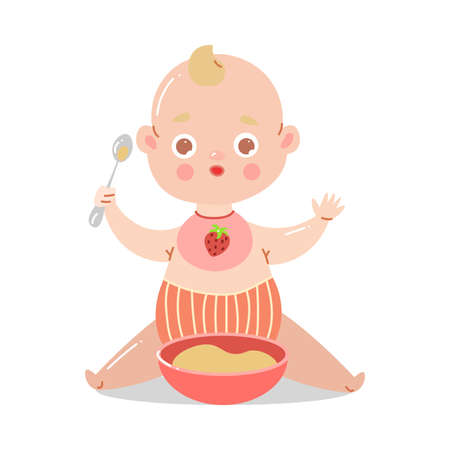 Cute baby in striped red underpants sitting with a bowl of porridge and holding a spoon with raised hands.のイラスト素材