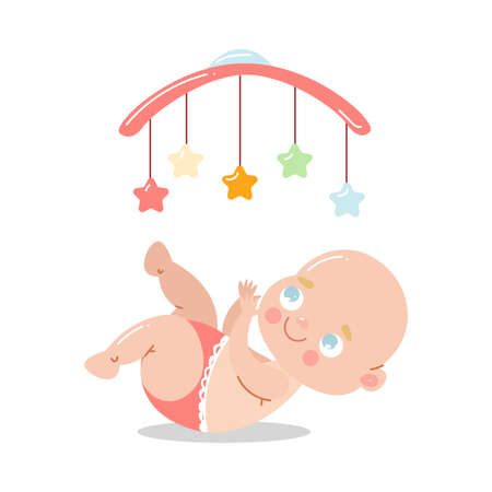 Cute happy baby in red underpants lying in bed and having fun with toy carousel.のイラスト素材