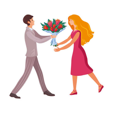 An elegant man in a grey suit gives a blonde woman a bouquet.のイラスト素材