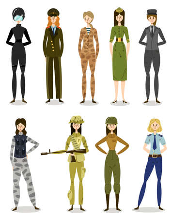 Women in military uniform working in army, police, forces illustrationのイラスト素材