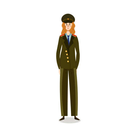 Policewoman in green military uniform and cap illustrationのイラスト素材