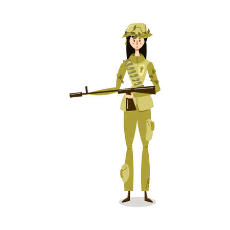 Woman scout in green military uniform standing with gun illustrationのイラスト素材