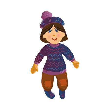 Cute happy smiling brown-haired girl doll in the colorful sweater and hat.のイラスト素材