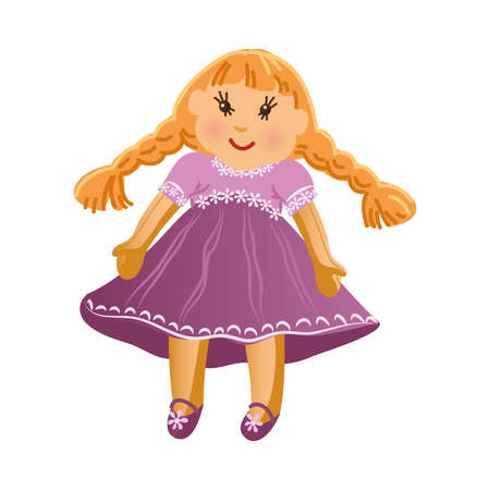Cute happy smiling blonde girl doll with two long braids in the purple dress.のイラスト素材