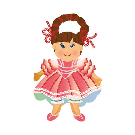 Cute happy smiling brown-haired girl doll with a long braid in the red dress.のイラスト素材