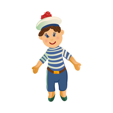Cute happy smiling brown-haired boy doll in the clothes of a sailor.のイラスト素材