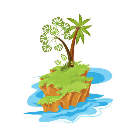 Tropical small island in the ocean with palm and tree. Small island concept. Isolated vector icon illustration on white background in cartoon style.のイラスト素材