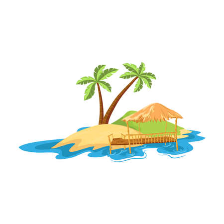Tropical island with the thatched terrace on the coast and two palm trees. Vector illustration in flat cartoon style.のイラスト素材