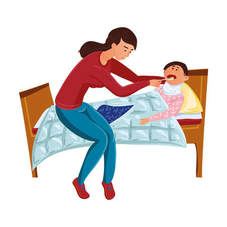 Mom gives a spoonful of medicine to a sick child. Vector illustration in flat cartoon style.のイラスト素材