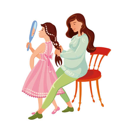 The pregnant mother combs her daughter s hair. The cute little girl in a pink dress looking in the mirror. Family relationship concept. Isolated vector illustration on white background.のイラスト素材