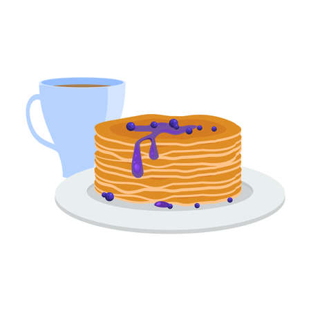 Hand drawn morning healthy breakfast with stack of homemade pancakes with bilberry jam dressing and cup of coffee over white background vector illustration. Healthy, homemade food illustrations conceptのイラスト素材
