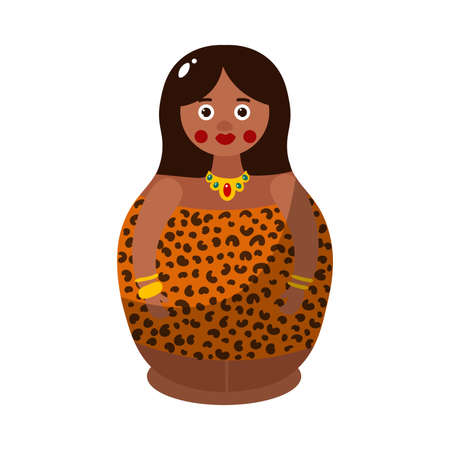 African wooden doll in colorful national costume. Matryoshka toy concept. Isolated vector icon illustration on a white background in cartoon style.のイラスト素材