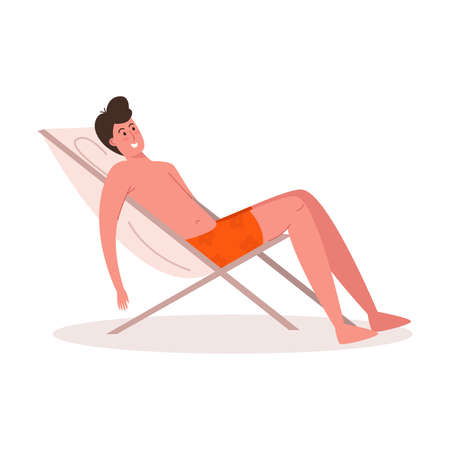 The young happy smiling black-haired man in orange shorts sits in a deck chair and relaxing. Relax time concept. Isolated vector illustration on white background in cartoon styleのイラスト素材