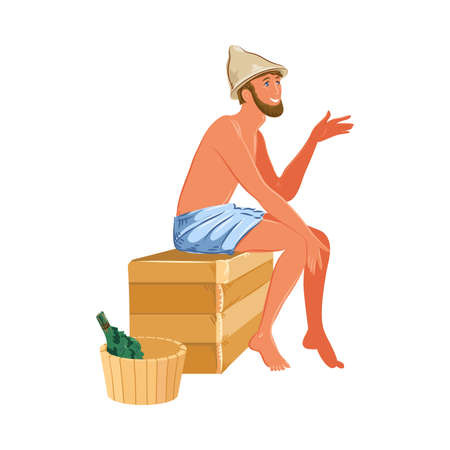 Man in towel sitting and relaxing in bathhouse vector illustrationのイラスト素材