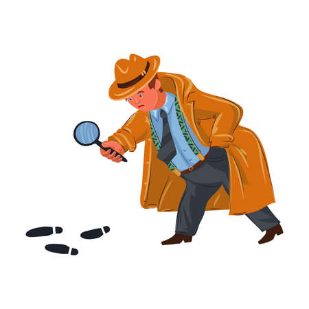 The classic detective with a magnifying glass following footprints. Vector colorful illustration in cartoon style.のイラスト素材