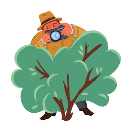 Detective man in brown hat hiding in the green bush with photo camera. Vector colorful illustration in cartoon style.のイラスト素材