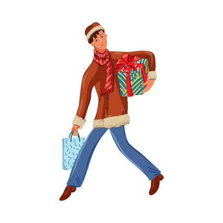 Man carrying holiday gift box and bag vector illustrationのイラスト素材