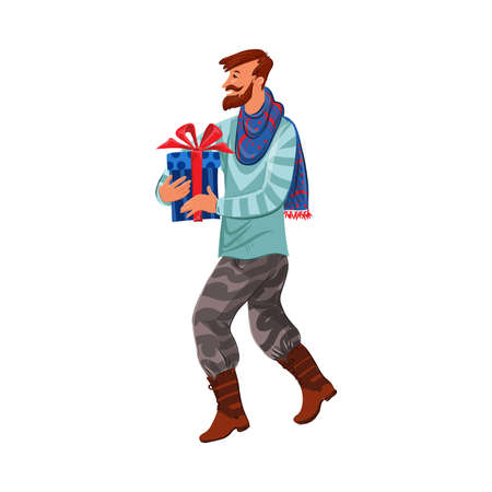 Man carrying holiday gift box with red ribbon vector illustrationのイラスト素材