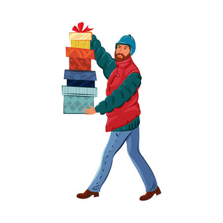 Hand drawn man in winter clothing carrying holiday gift boxes stack in hands after shopping over white background vector illustration. Winter holidays preparation conceptのイラスト素材