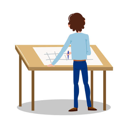 Man engineer standing backwards and drawing plan vector illustrationのイラスト素材