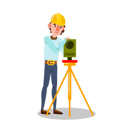 Hand drawn young man engineer in stylish clothing standing working with special camera equipment on tripod isolated over white background vector illustration. Professional engineers at work conceptのイラスト素材