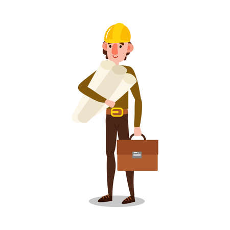 Hand drawn young man engineer in stylish clothing and helmet standing and holding documents and bag isolated over white background vector illustration. Professional engineers at work conceptのイラスト素材