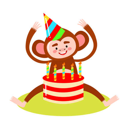 Happy monkey animal character sitting with birthday cake vector illustrationのイラスト素材