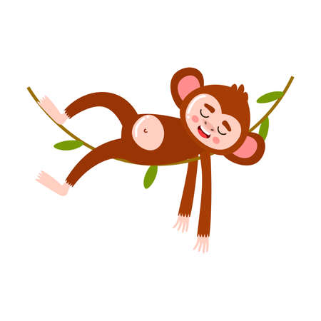 Hand drawn cartoon funny cute monkey animal character lying and sleeping on tree branch with eyes...