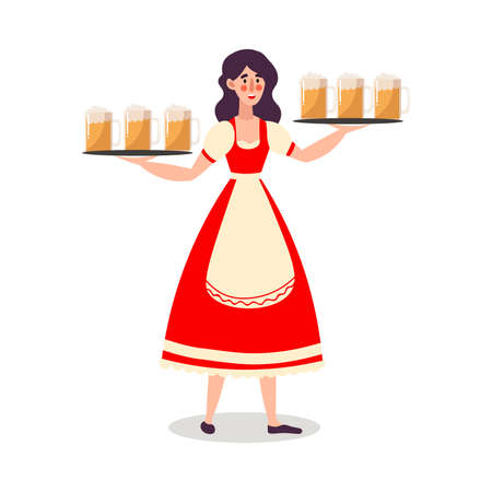 Smiling woman waiter in special german dress and apron uniform serving beer drink over white background vector illustration. Octoberfest, beer festival and waiters conceptのイラスト素材