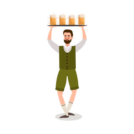 Smiling man waiter in uniform serving fresh beer drink in glasses on tray over white background vector illustration. Octoberfest, beer festival and waiters profession conceptのイラスト素材