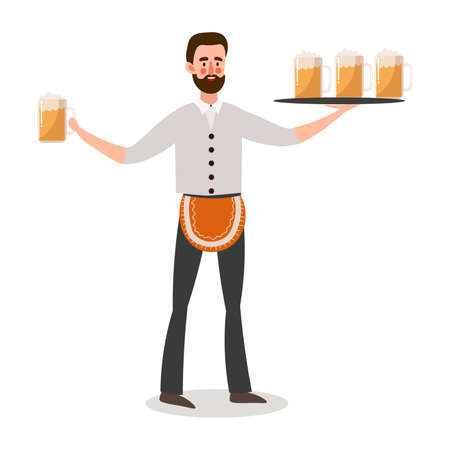 Smiling man waiter in uniform and apron serving fresh beer drink in glasses on tray over white background vector illustration. Octoberfest, beer festival and waiters profession conceptのイラスト素材