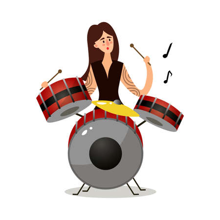 Hand drawn young woman musician with tatoos on hands sitting and playing drums over white background vector illustration. Modern musicians and music styles conceptのイラスト素材