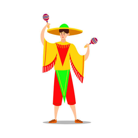 Hand drawn man musician in bright national costume playing maracas over white background vector illustration. Modern musicians and music styles conceptのイラスト素材