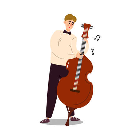 Hand drawn young man musician in classical costume and bow tie playing cello over white background vector illustration. Modern musicians and music styles conceptのイラスト素材