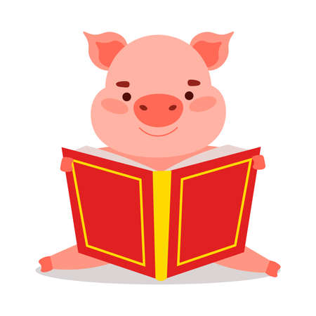 Hand drawn cartoon funny cute pig animal character sitting and reading book over white background vector illustration. Happy children books illustrations conceptのイラスト素材