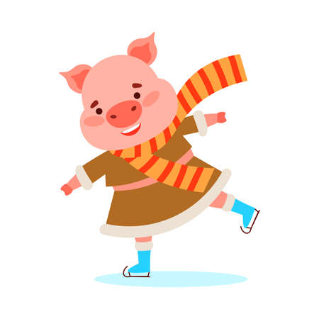Hand drawn cartoon funny cute happy pig animal character skating on ice in winter clothing over white background vector illustration. Happy children books illustrations conceptのイラスト素材