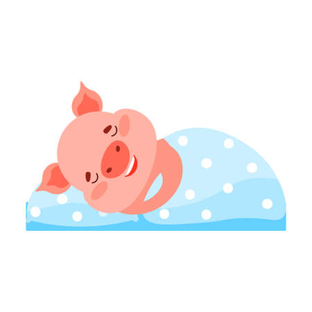 Hand drawn cartoon funny cute happy pig animal character lying in bed and sleeping over white background vector illustration. Happy children books illustrations conceptのイラスト素材