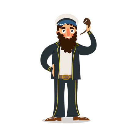 Hand drawn man sailor with beard in costume standing and smoking pipe over white background vector illustration. Professional sailors at work conceptのイラスト素材