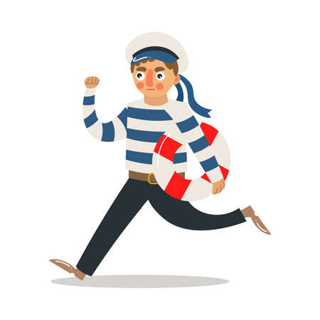 Hand drawn young man sailor in traditional striped uniform and hat running with lifebuoy during work isolated over white background vector illustration. Professional sailors at work conceptのイラスト素材