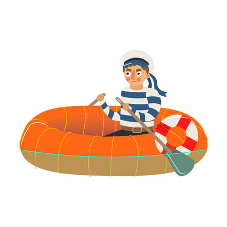 Hand drawn young man sailor in traditional striped uniform and hat sitting and riding dinghy during work isolated over white background vector illustration. Professional sailors at work conceptのイラスト素材