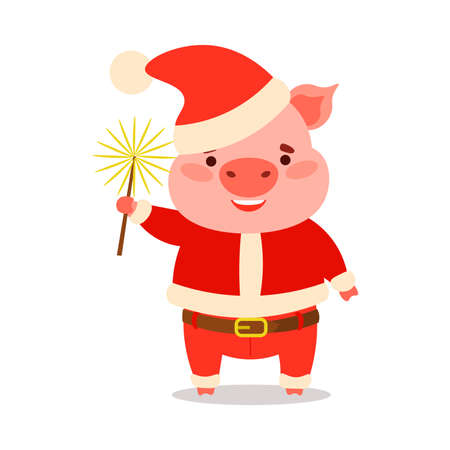A humanized happily smiling pink Santa Claus piglet cartoon character stands in a red Santas costume holding Bengal light. Isolated vector illustration on white background in cartoon style.のイラスト素材