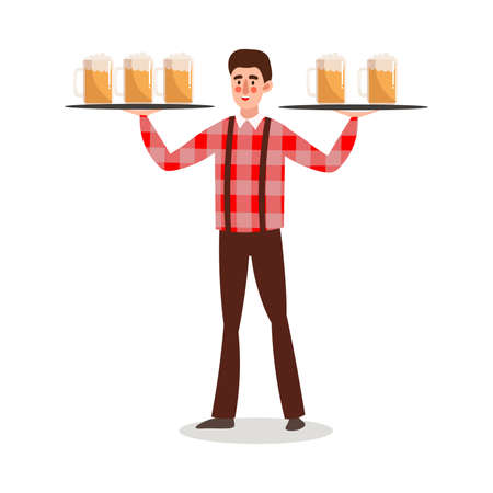 Man waiter serving fresh beer drink on tray vector illustrationのイラスト素材