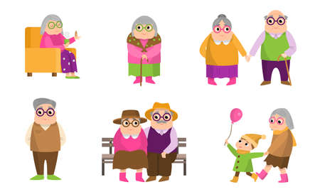 Set of isolated hand drawn positive elderly grey-haired women, men and couples doing everyday things over white background vector illustration. Old people lifestyle conceptのイラスト素材