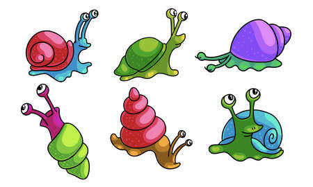 Collection set of funny cartoon snails characters with different shell colors crawling in different directions. Isolated icons set illustration on a white background in cartoon style.のイラスト素材