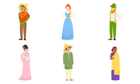 Set of isolated hand drawn men and women wearing various national costumes over white background vector illustration. National clothing and look conceptのイラスト素材