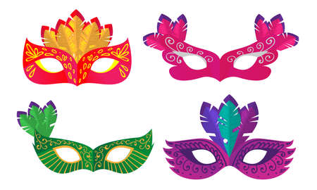 Set of isolated hand drawn colorful masks for carnivals or masquerade costumes over white background vector illustration. Festival and carnival look conceptのイラスト素材