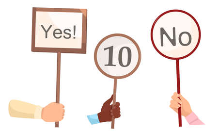 Set of isolated hand drawn judges hands with answers, marks and scores over white background vector illustration. Competition conceptのイラスト素材