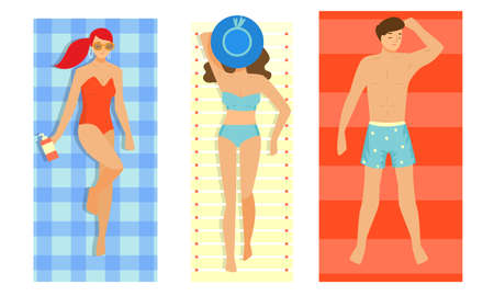 Set of isolated hand drawn women and men in swimwear enjoying sunshine and sunbathing on beach over white background vector illustration. Happy summer lifestyle conceptのイラスト素材