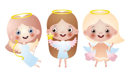 Collection set of three cute happy smiling angel girls with wings. Happy life concept. Isolated icons set illustration on a white background in cartoon style.のイラスト素材